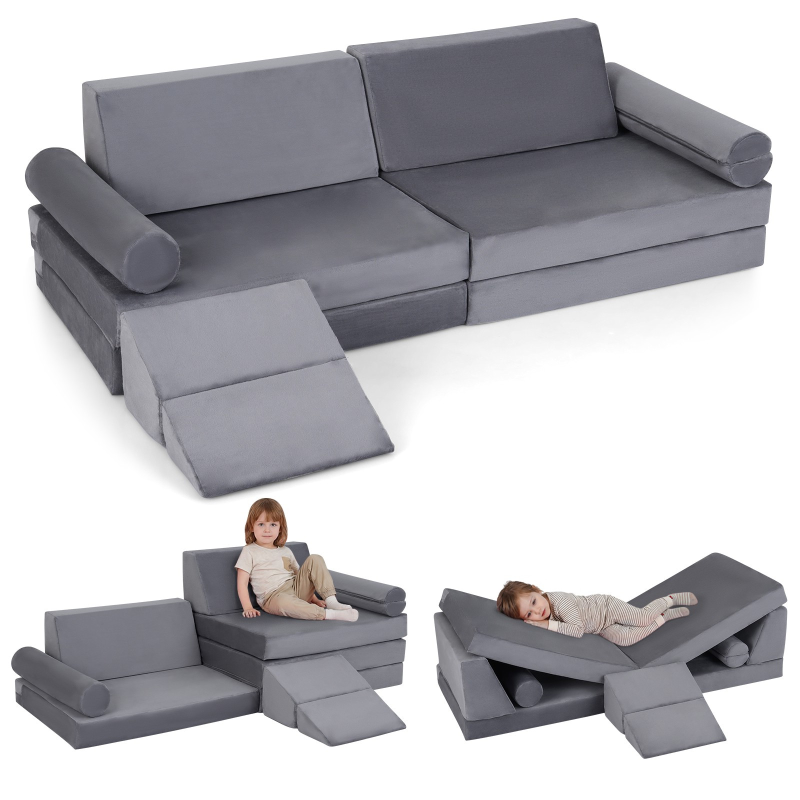 Sofá de espuma modular infantil para escalada, 10 peças, cinza