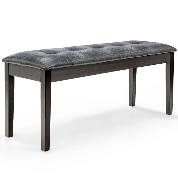 Upholstered Dining Bench, PU, Solid Wood, Tufted Gray