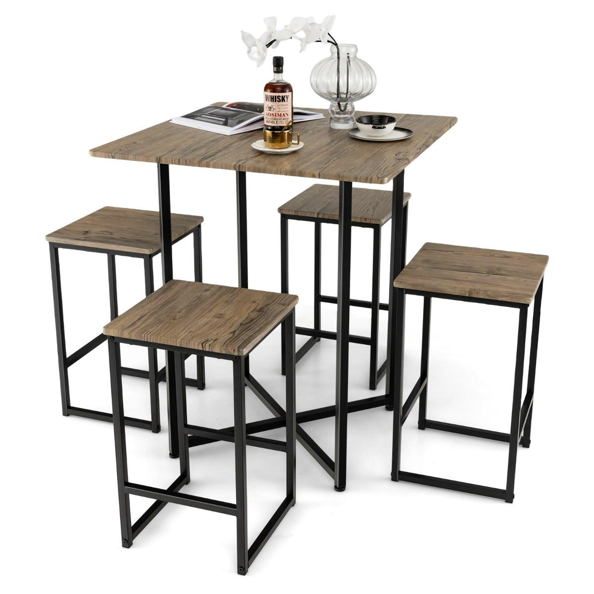 5-Piece Square Dining Table Set – 4 Stools, Bar Height