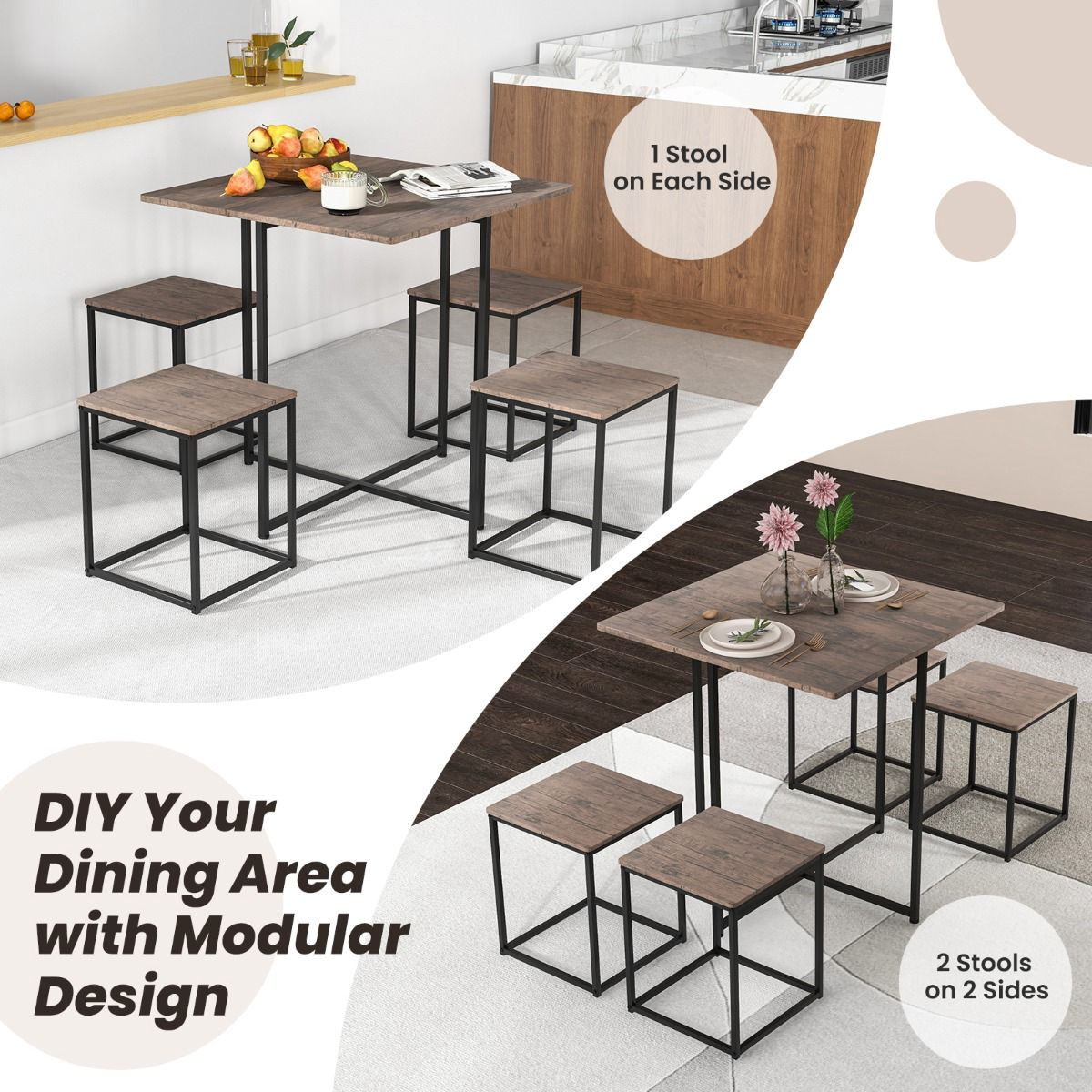 Ensemble table et tabourets carrés 5 pièces, gris