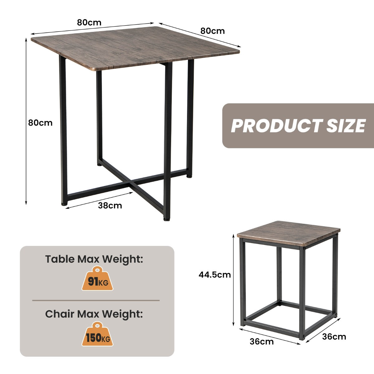 Ensemble table et tabourets carrés 5 pièces, gris