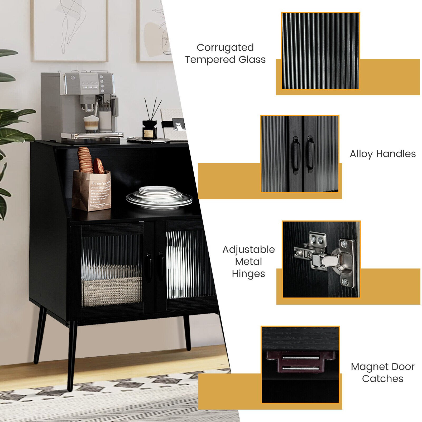 Buffet-Sideboard, 2 Glastüren, Schwarz