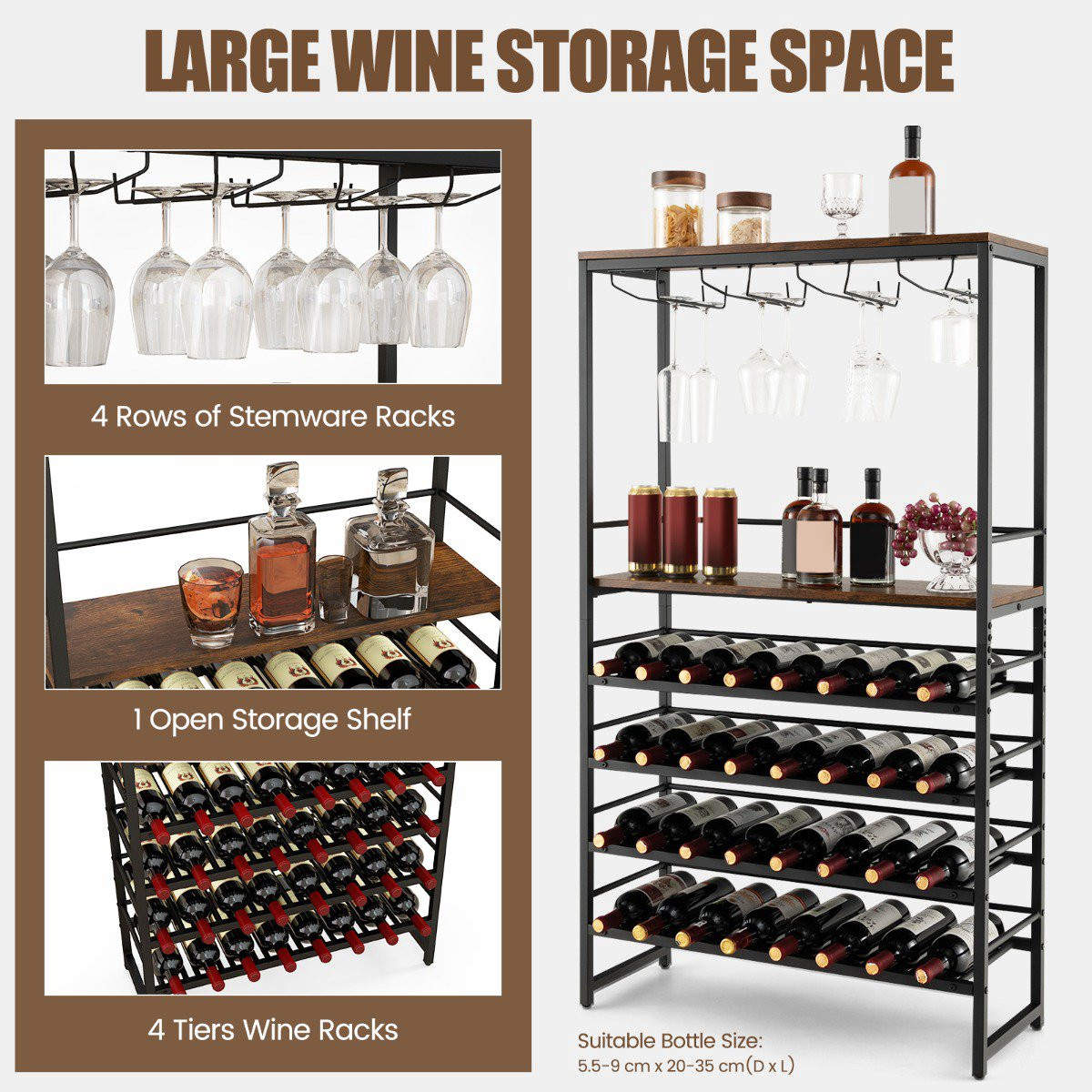 Wine Bakers Rack, 4-Tier Storage, Stemware Holder