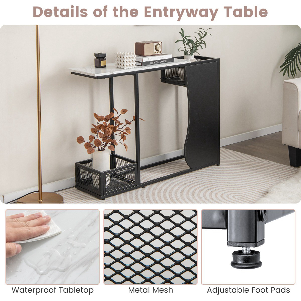 Mesa de console de 43,5 polegadas, tampo em imitação de mármore, cu...