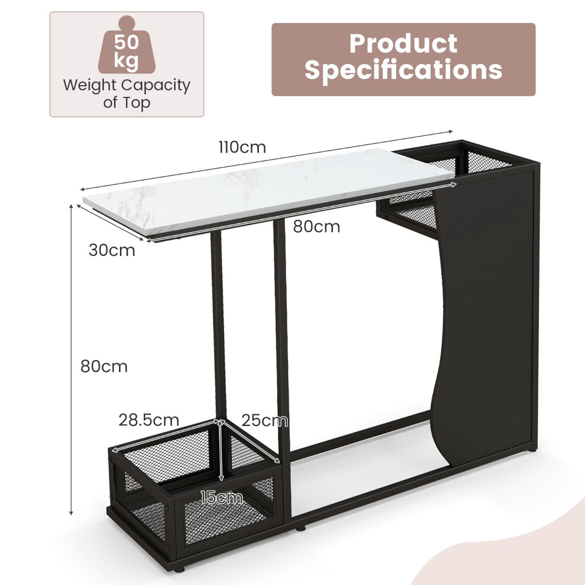 Mesa de console de 43,5 polegadas, tampo em imitação de mármore, cu...