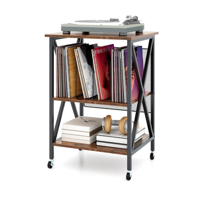 Record Player Stand With Vinyl Storage, Locking Wheels