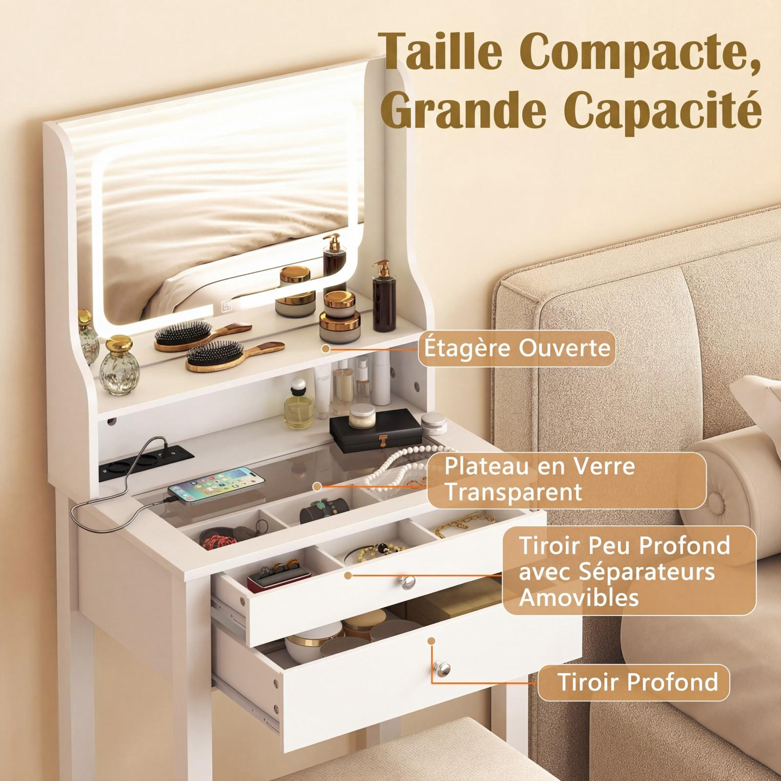Makeup Vanity Table, LED Mirror, Outlets, Stool, Drawers