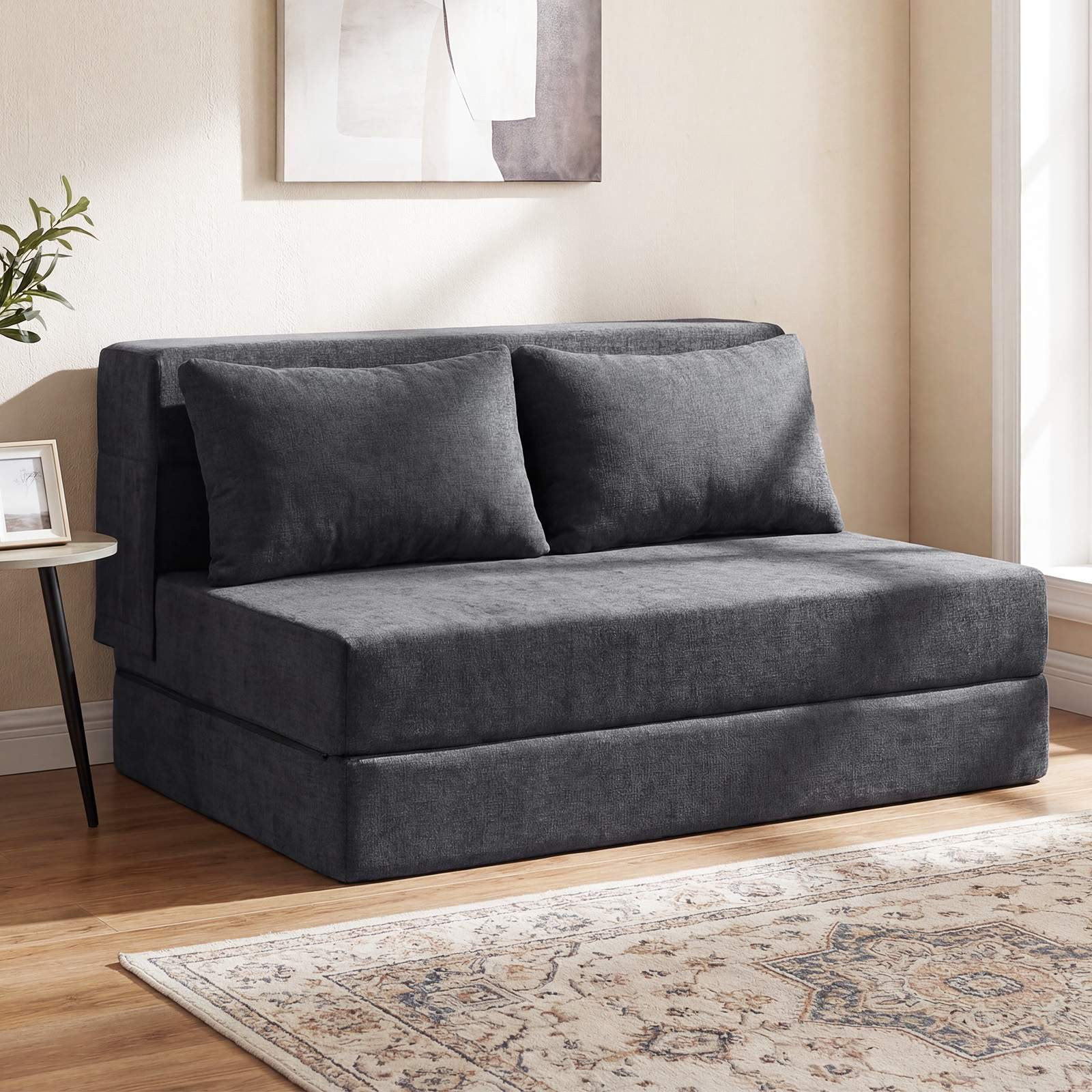 Sofá-cama conversível 3 em 1 em chenille, com 2 almofadas, cinza.