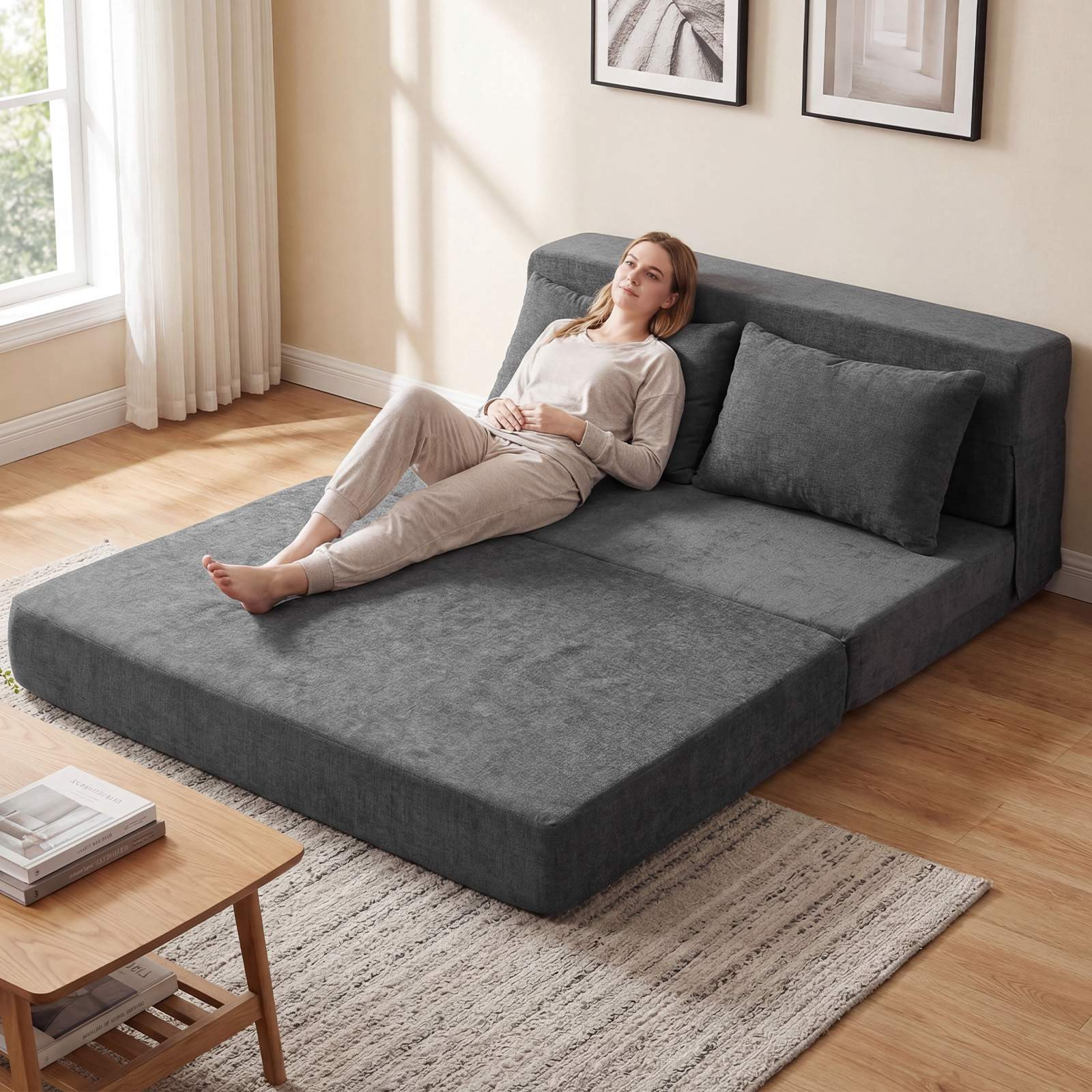 Sofá-cama conversível 3 em 1 em chenille, com 2 almofadas, cinza.
