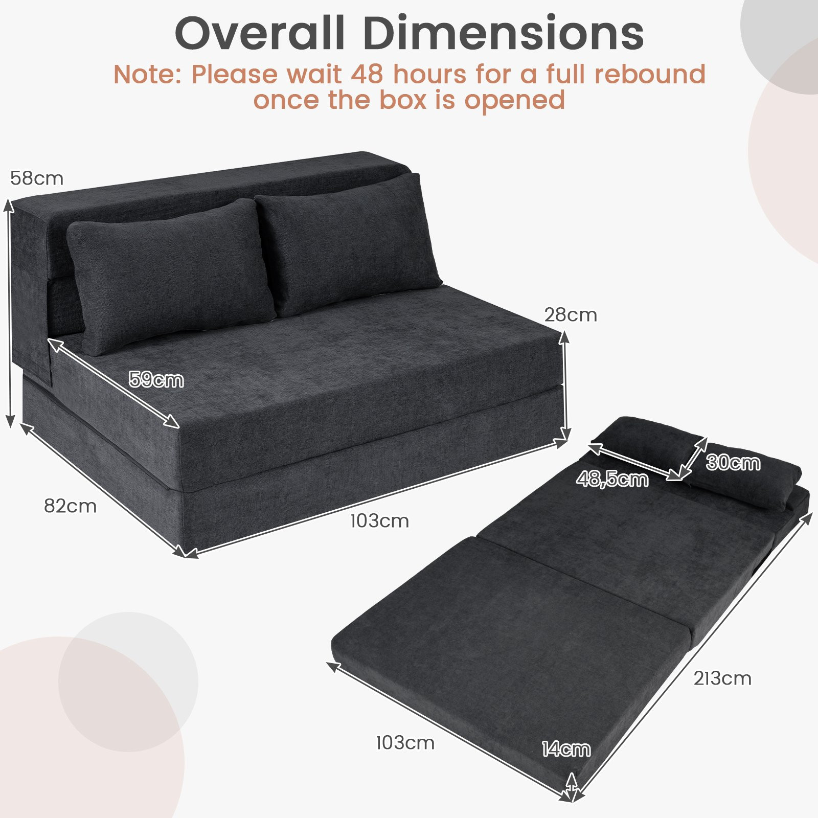 Sofá-cama conversível 3 em 1 em chenille, com 2 almofadas, cinza.