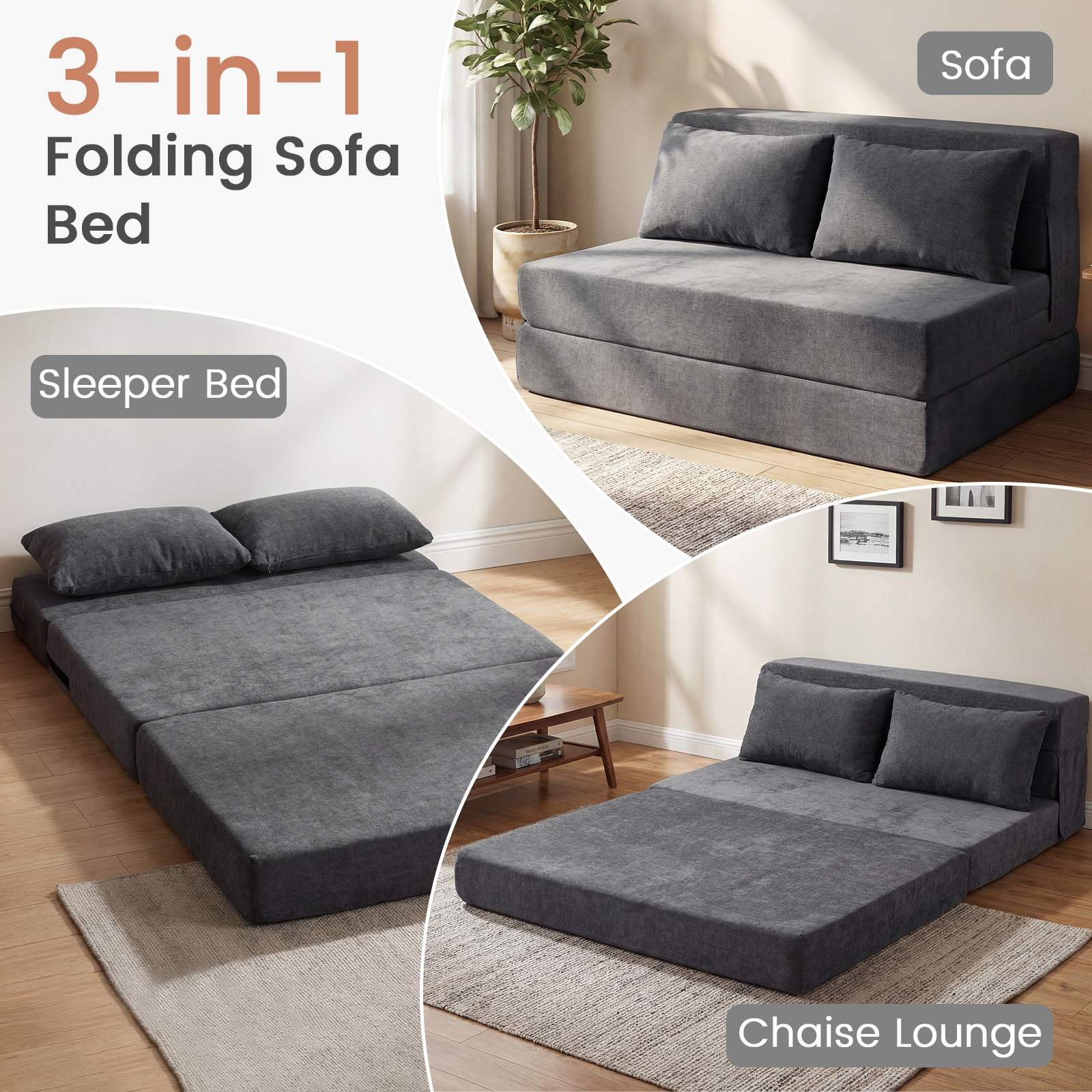 Sofá-cama conversível 3 em 1 em chenille, com 2 almofadas, cinza.