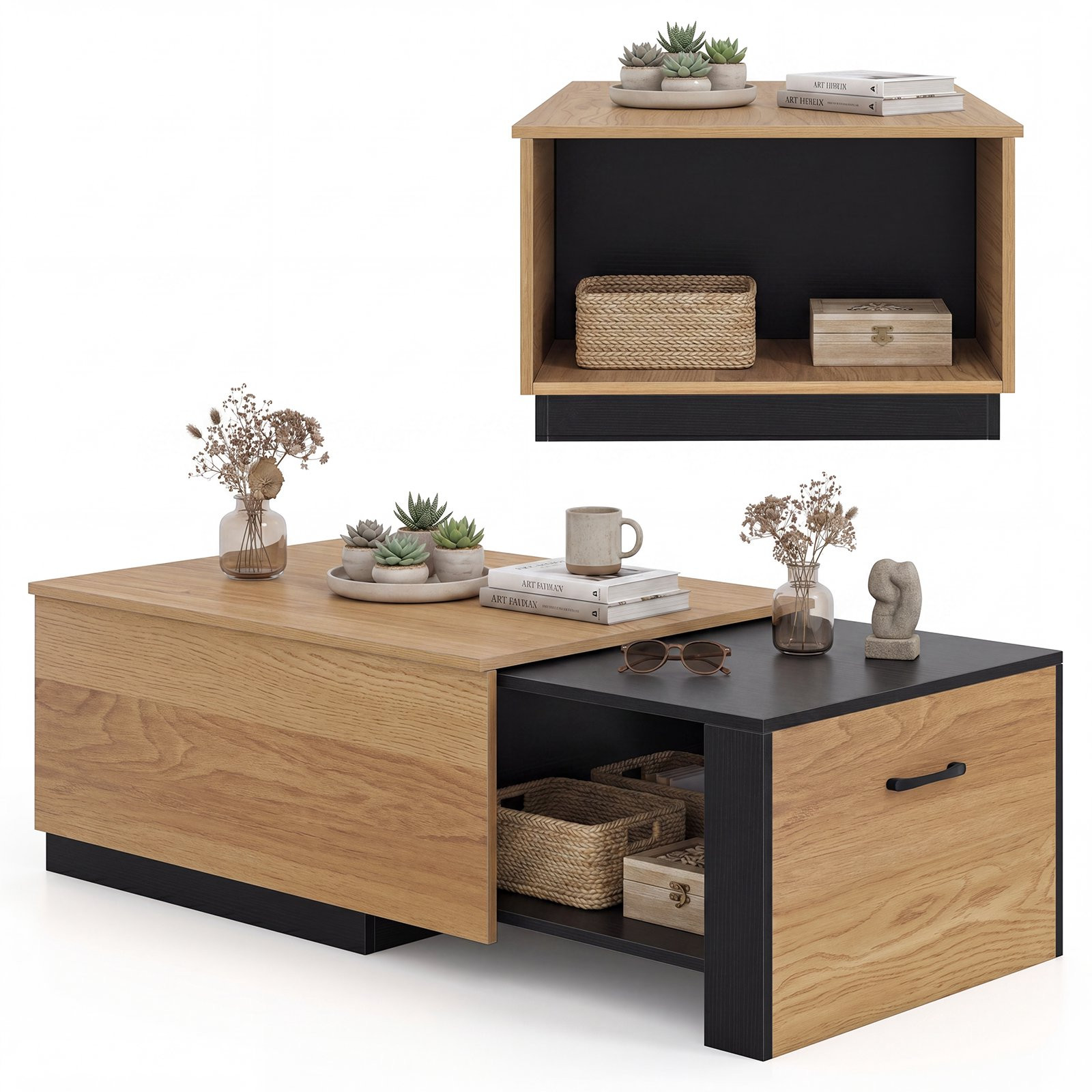 Mesa de centro extensible – Bicolor, 2 compartimentos de almacenami...