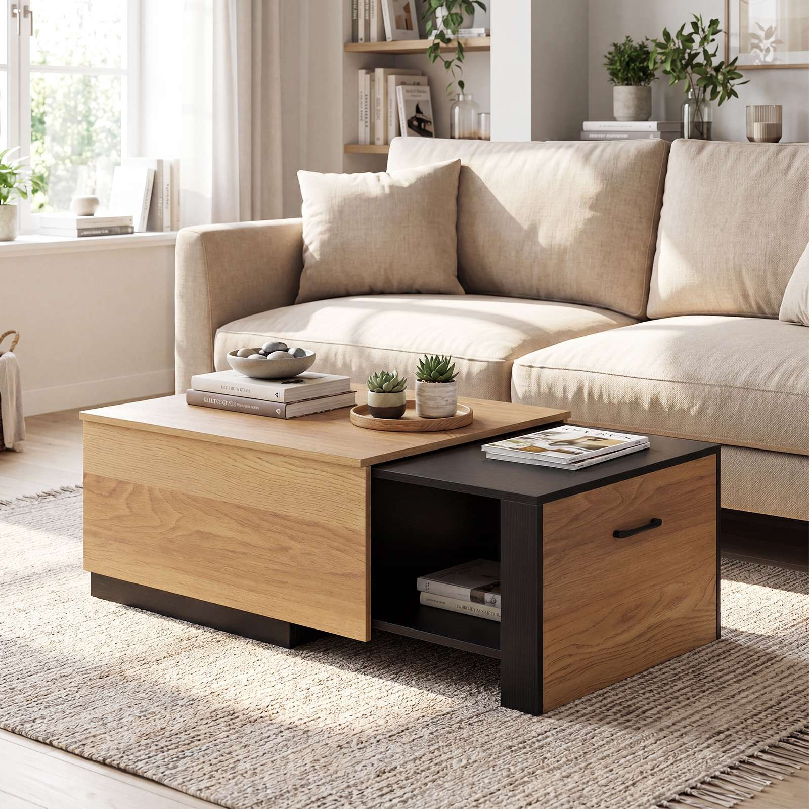 Table basse extensible – Bicolore, 2 compartiments de rangement