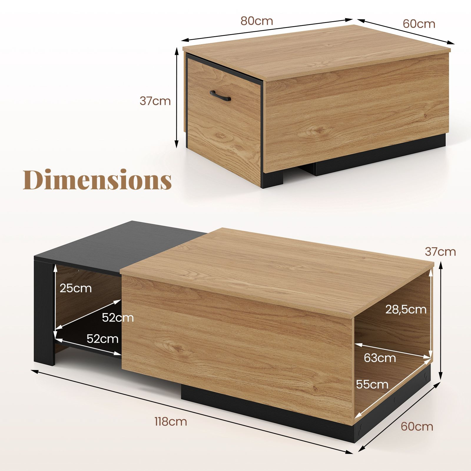 Table basse extensible – Bicolore, 2 compartiments de rangement
