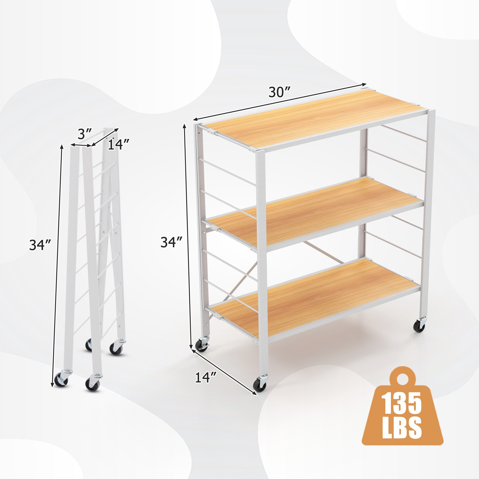 3-Tier Foldable Shelving Unit – Adjustable Shelves, Wheels