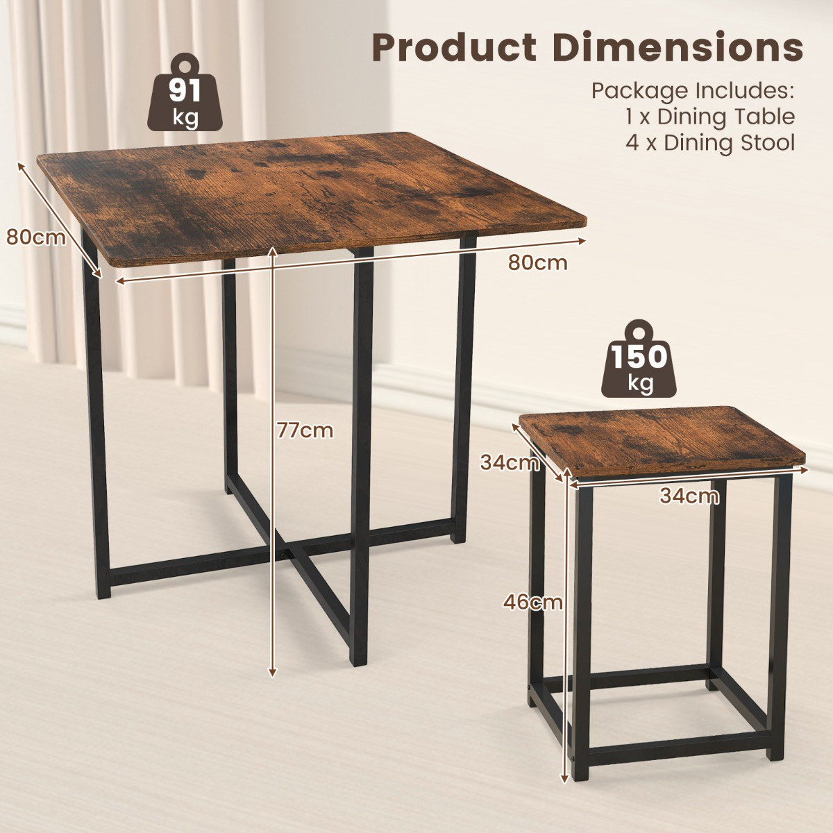5-Piece Dining Table Set, 4 Stools, 80x80 cm, Rustic Brown