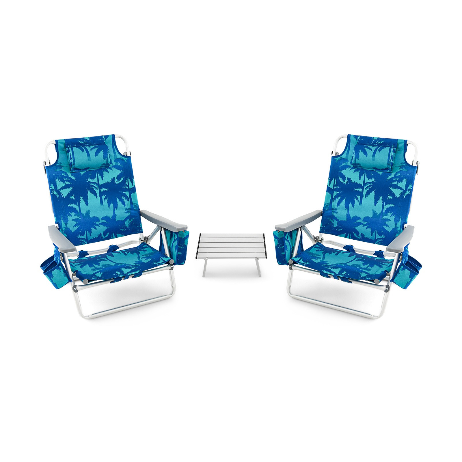 Beach Chair Set, 2 Pack Reclining Backpack Chairs With Table