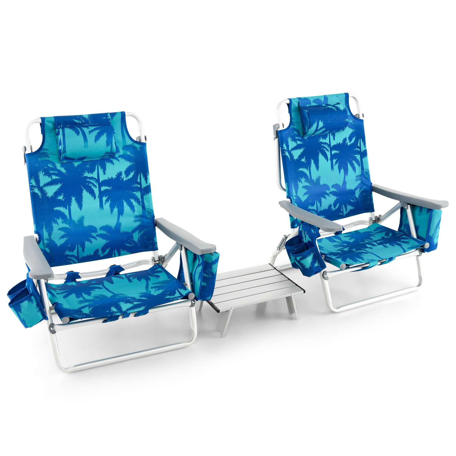 Beach Chair Set, 2 Pack Reclining Backpack Chairs With Table