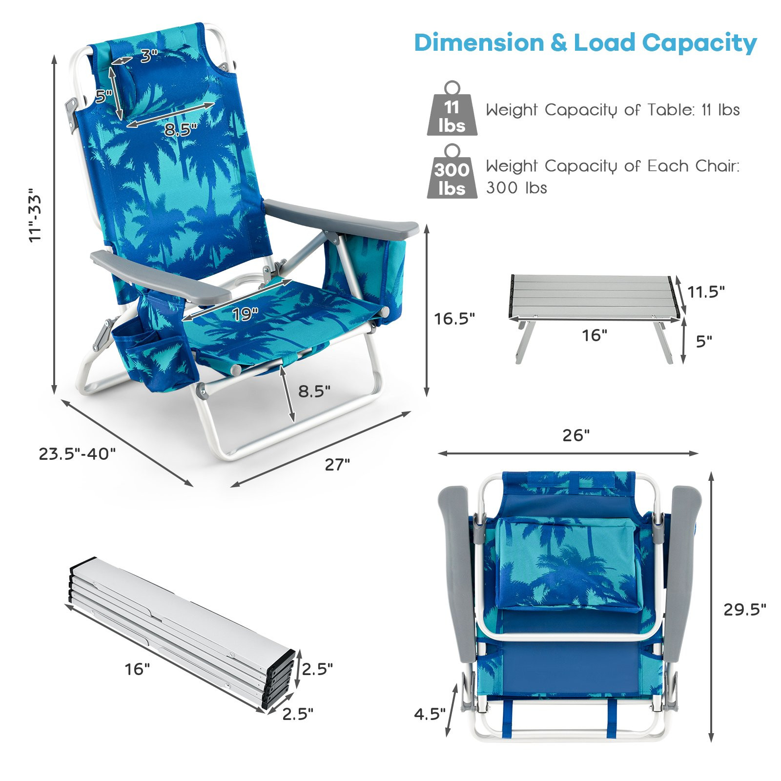 Beach Chair Set, 2 Pack Reclining Backpack Chairs With Table