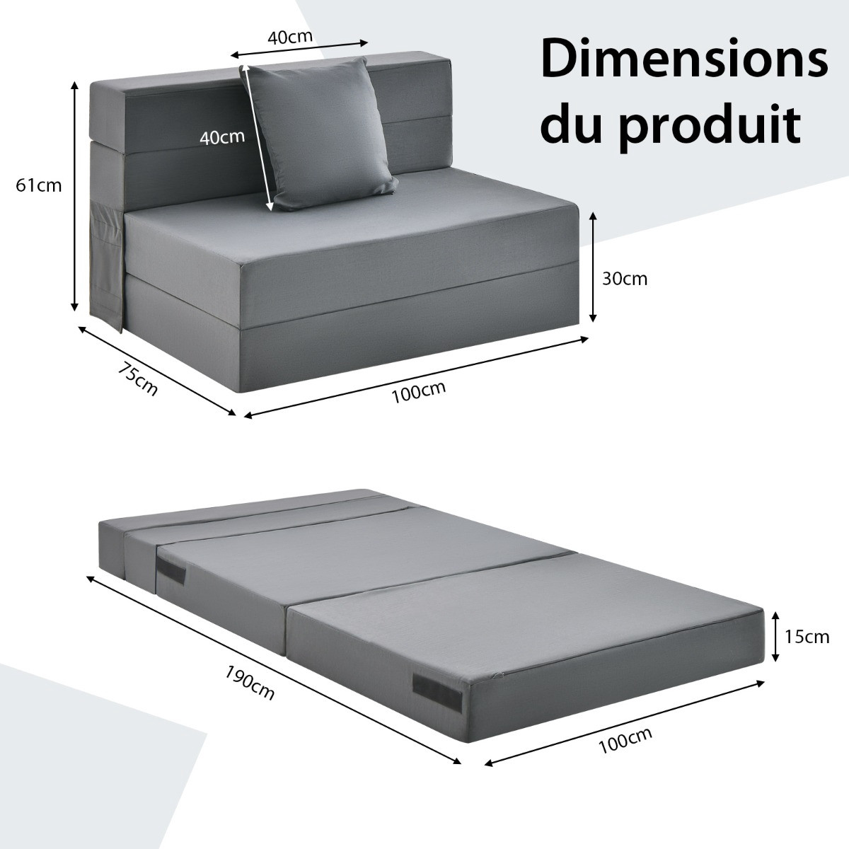 Colchão triplo dobrável para sofá-cama, 15 cm (6 polegadas), com tr...