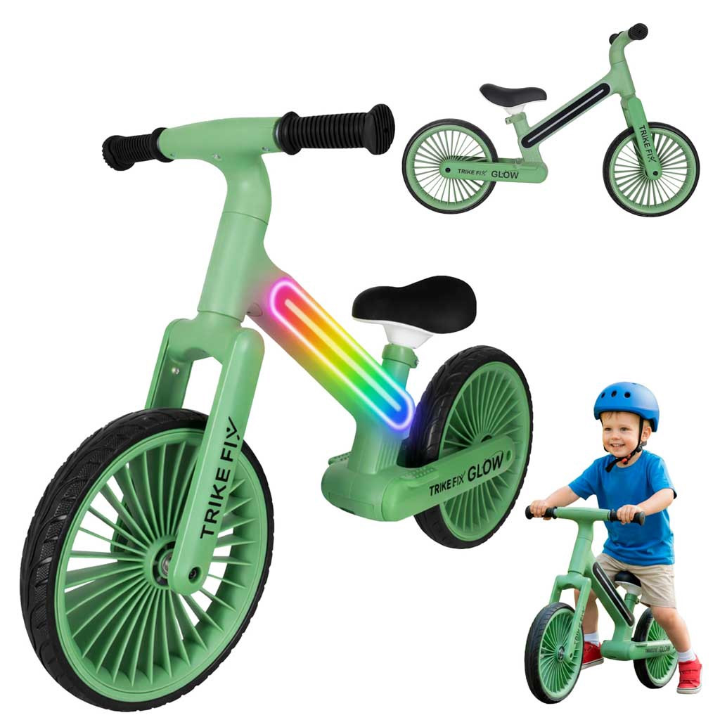 Bicicleta de equilíbrio infantil com luzes LED, verde, 12 polegadas