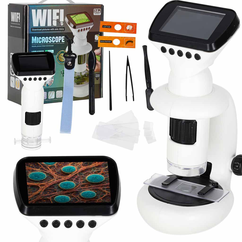 Microscópio digital 200–1000x, Wi-Fi, USB, LCD de 2,4 polegadas