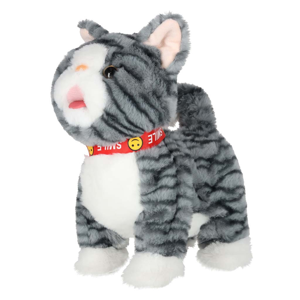 Interactive Walking Plush Cat on Leash, Meows, Gray