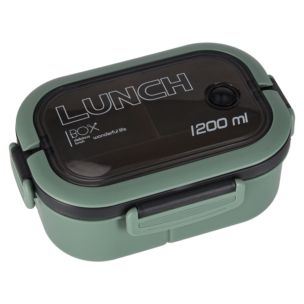 Lancheira com compartimentos, 1200ml, verde, com talheres.