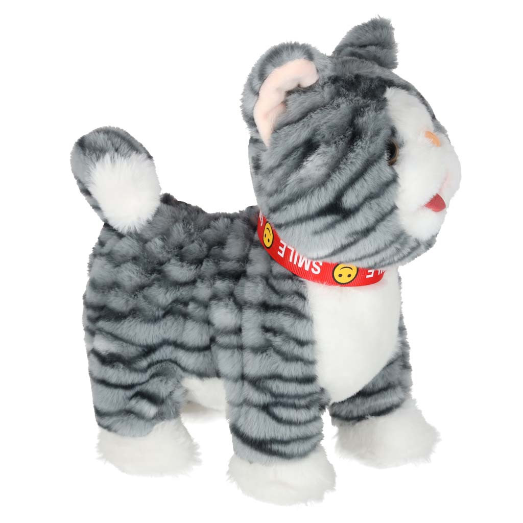 Interactive Walking Plush Cat on Leash, Meows, Gray