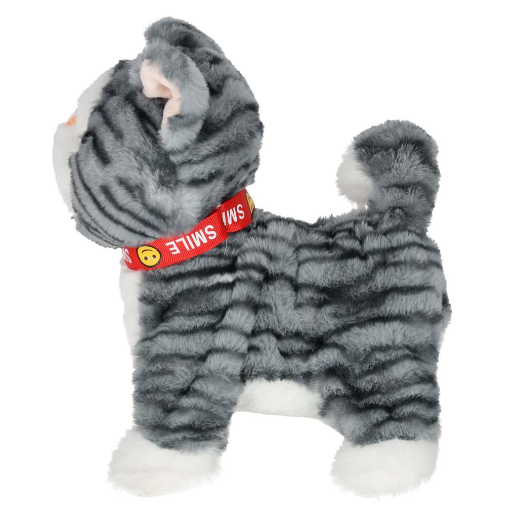Interactive Walking Plush Cat on Leash, Meows, Gray