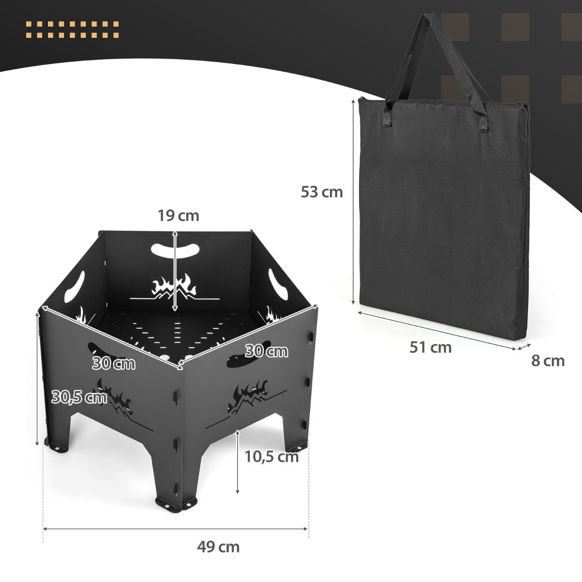 Fogueira dobrável de aço carbono de 48 cm (19 polegadas) com bolsa ...