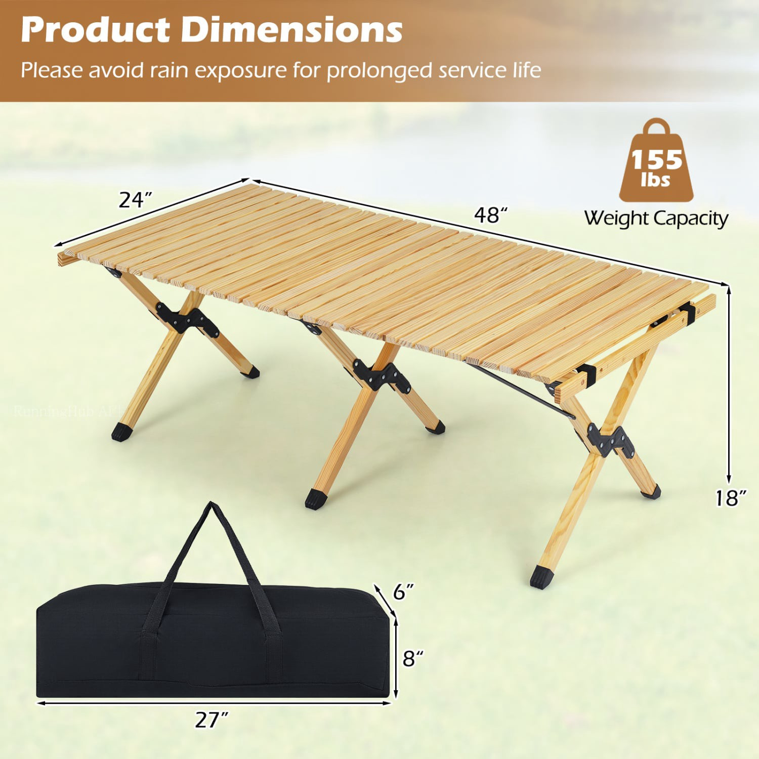 Mesa dobrável para camping, 122 cm (48 polegadas), madeira de pinho...