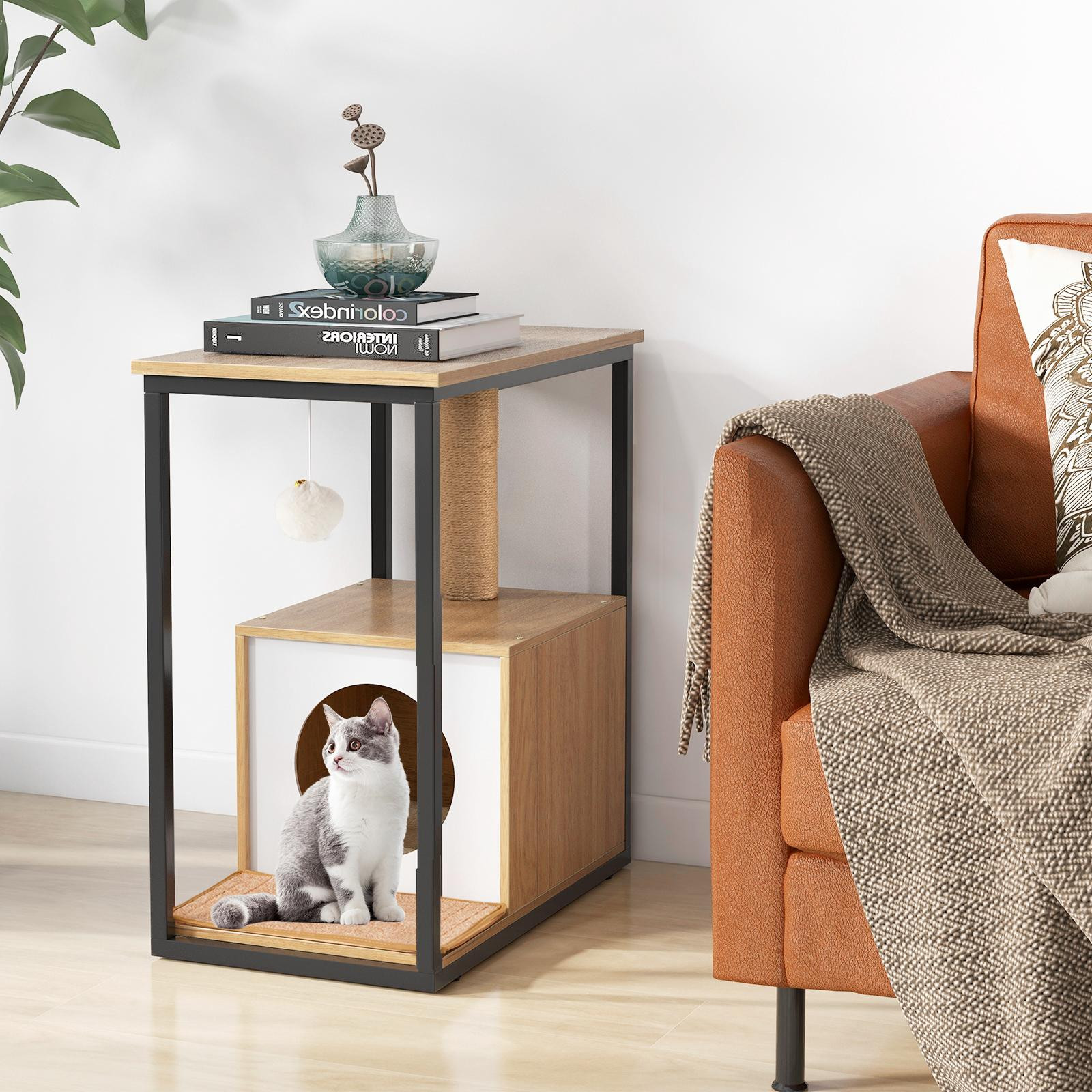 Cat Cave Side Table With Scratching Post, Removable Mat