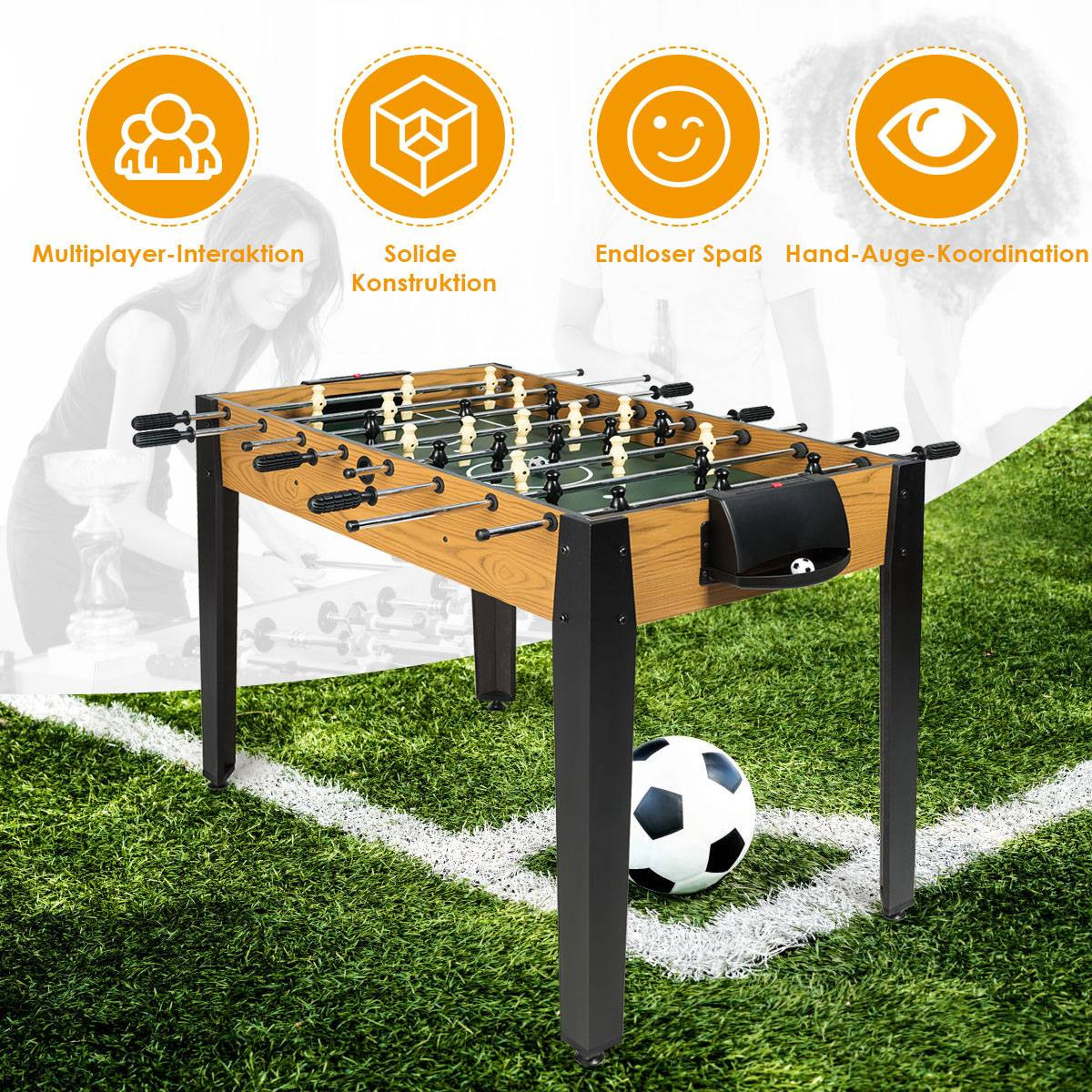 Mesa de pebolim, madeira, 48 polegadas, 22 jogadores, 2 bolas.