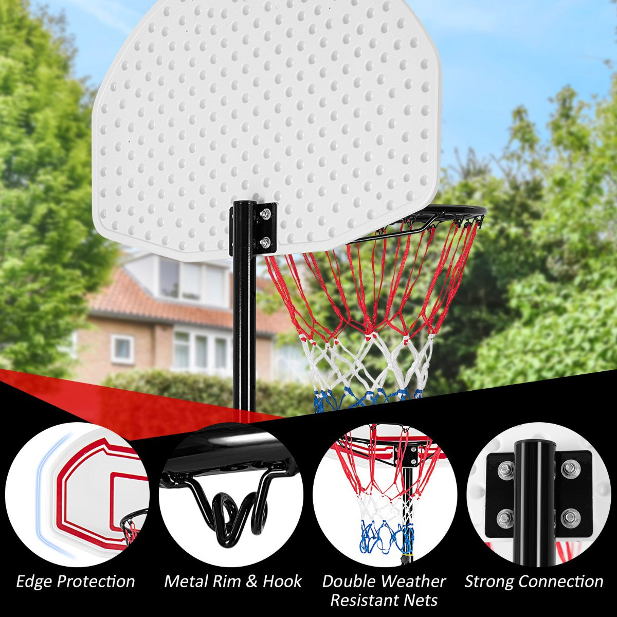 Aro de baloncesto ajustable, base portátil rellenable, 2 redes