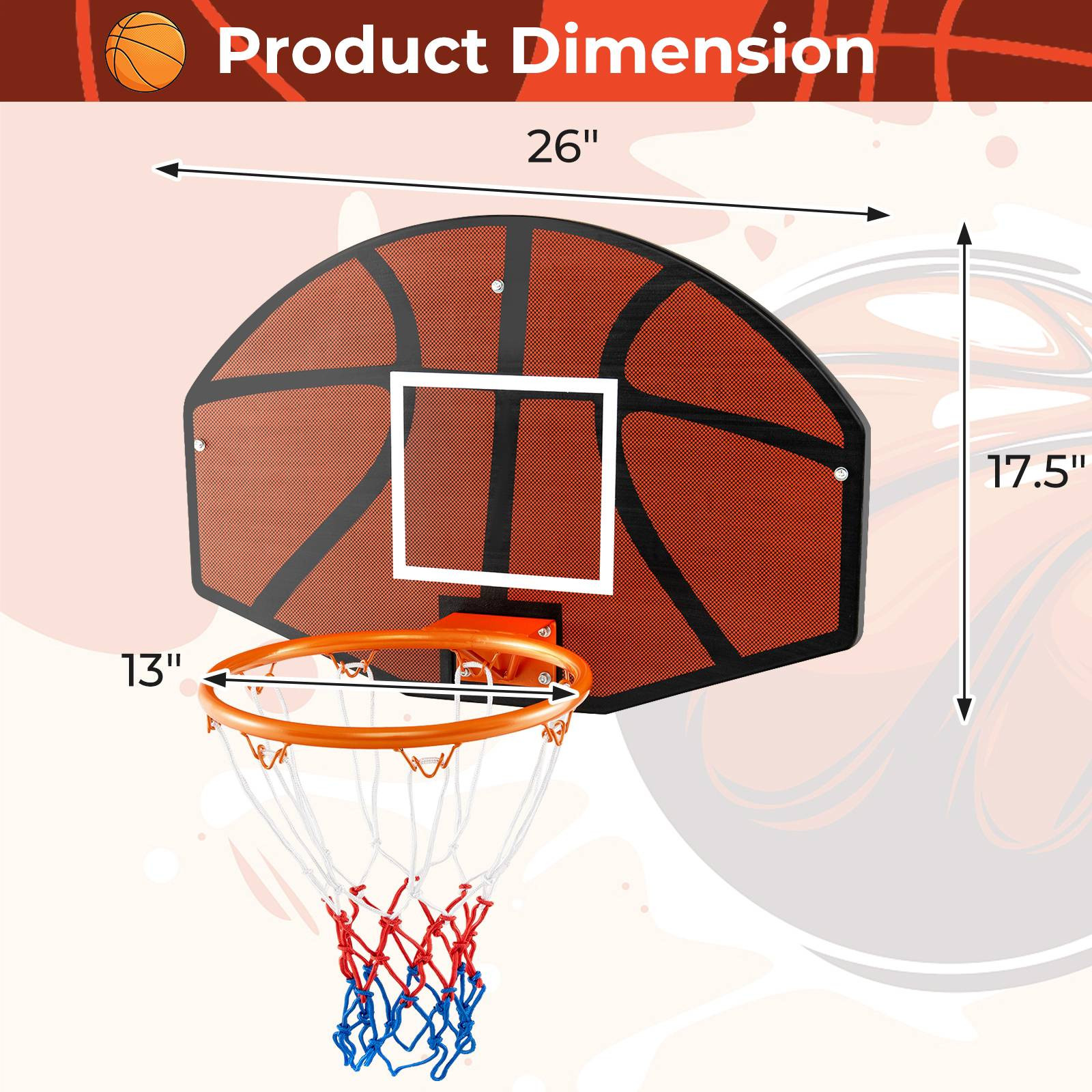 Cesta de basquete de parede, tabela inquebrável de 26 x 17,5 polega...