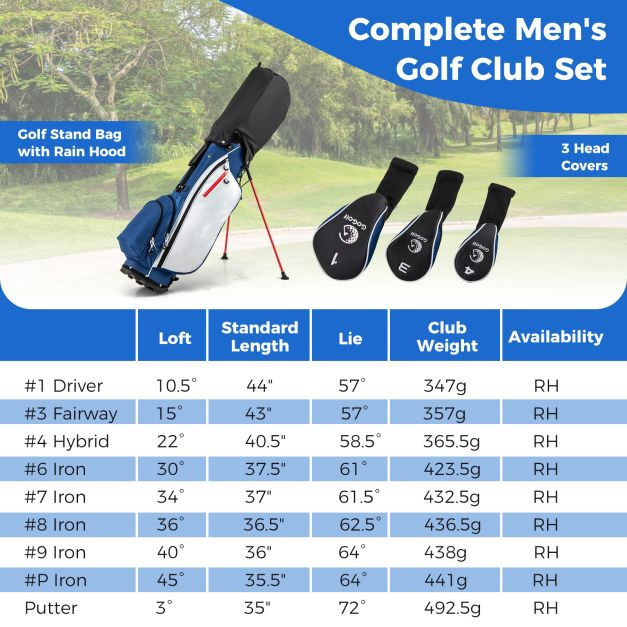 Set da golf da uomo composto da 9 pezzi con sacca e supporto, drive...