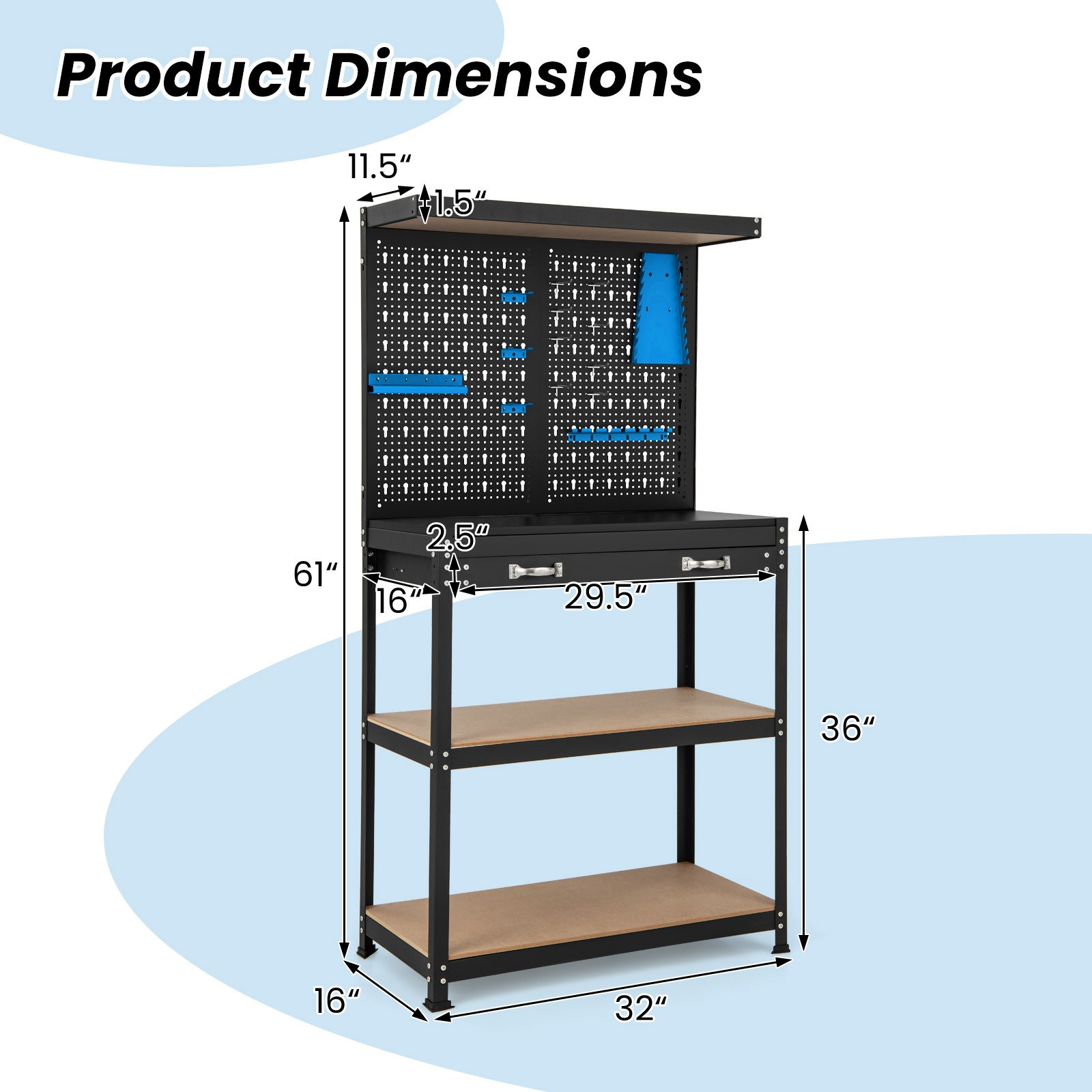 Tool Storage Workbench – Pegboard, Drawer, Shelves, Blue