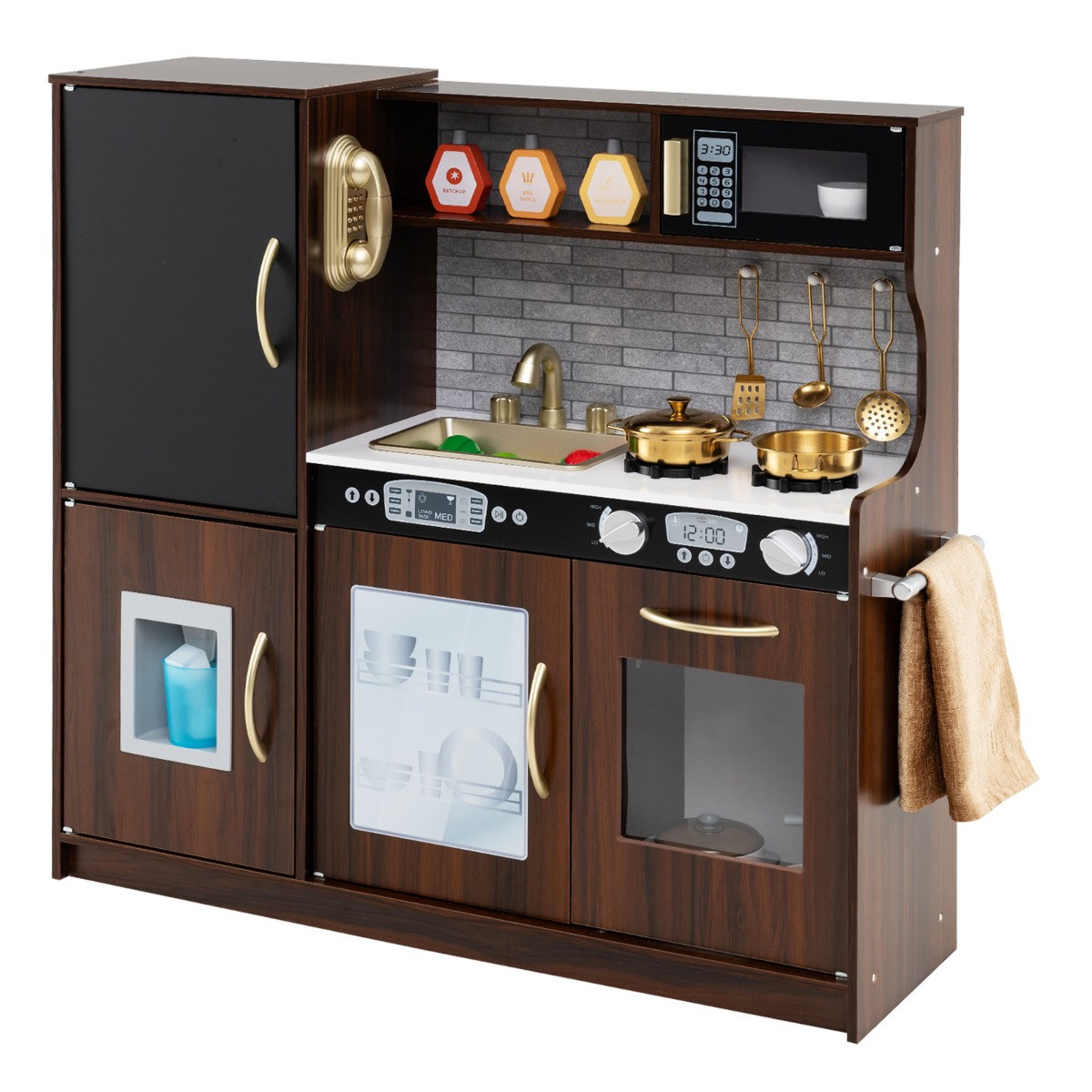 Set da gioco per bambini con cucina giocattolo, accessori e suoni.