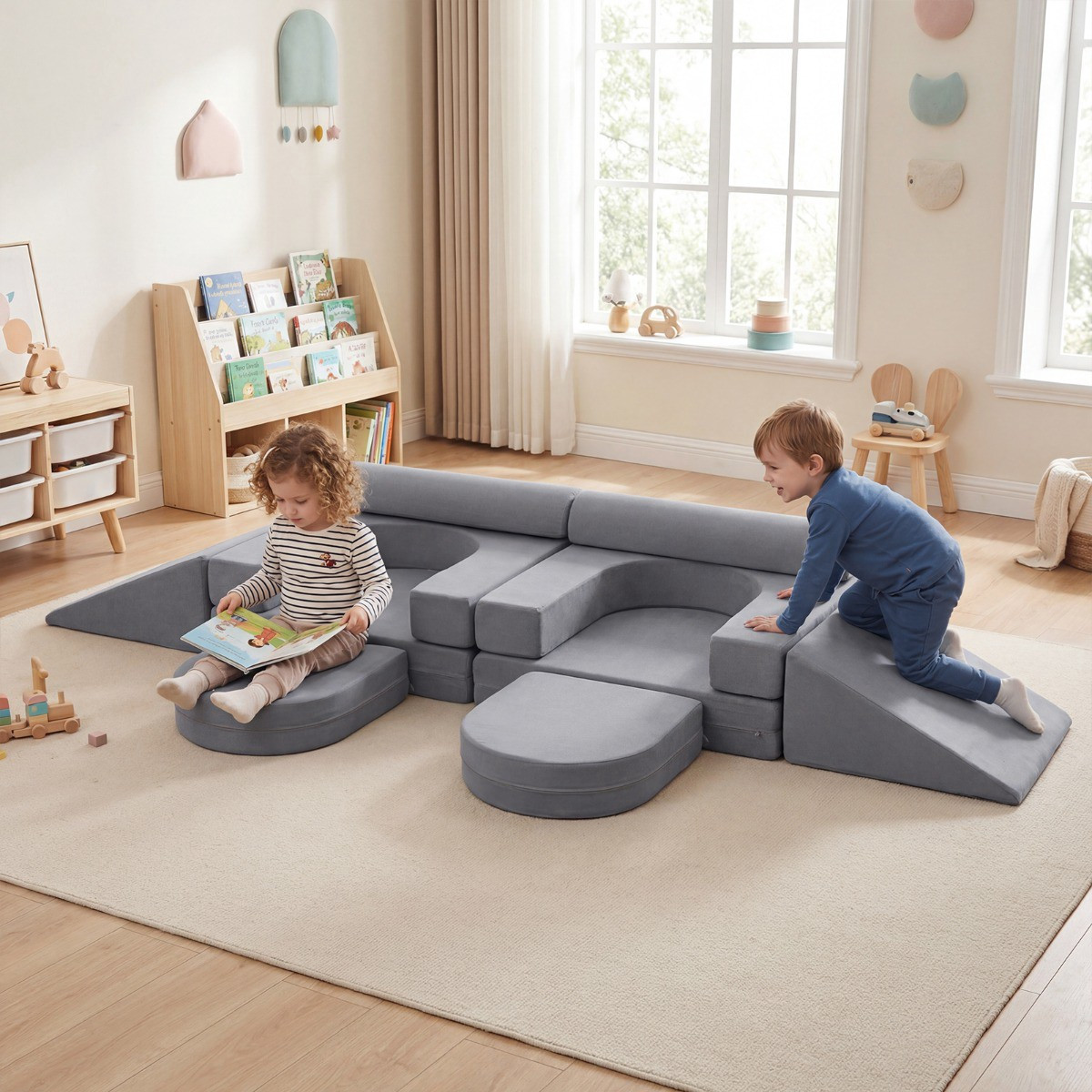 Conjunto de sofá infantil modular de espuma com 10 peças, cinza.