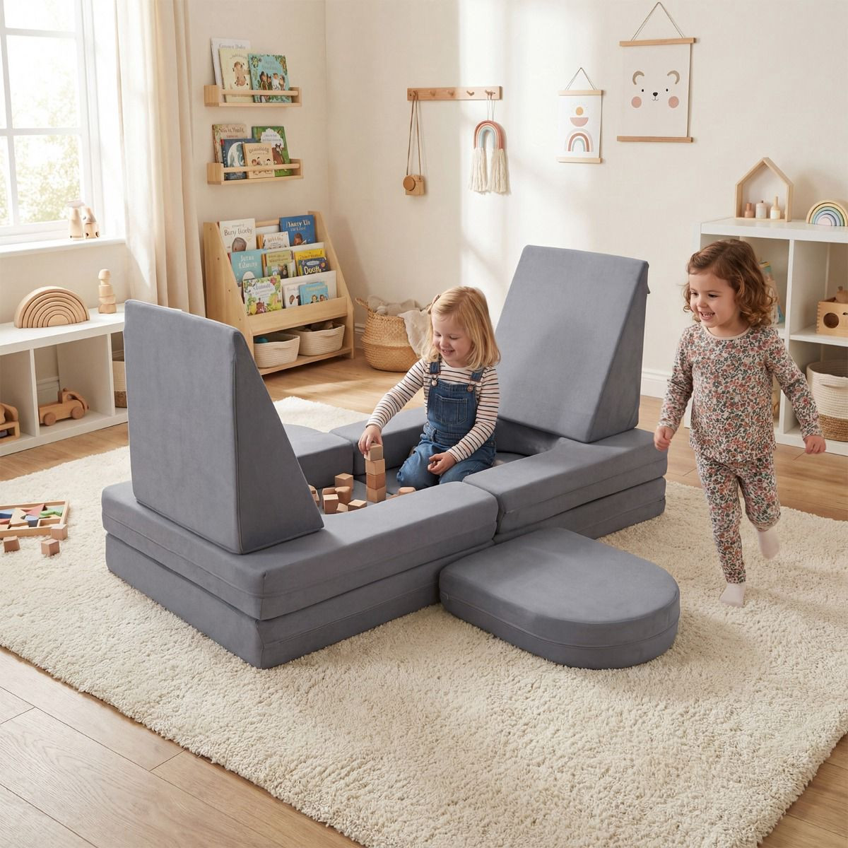Conjunto de sofá infantil modular de espuma com 10 peças, cinza.