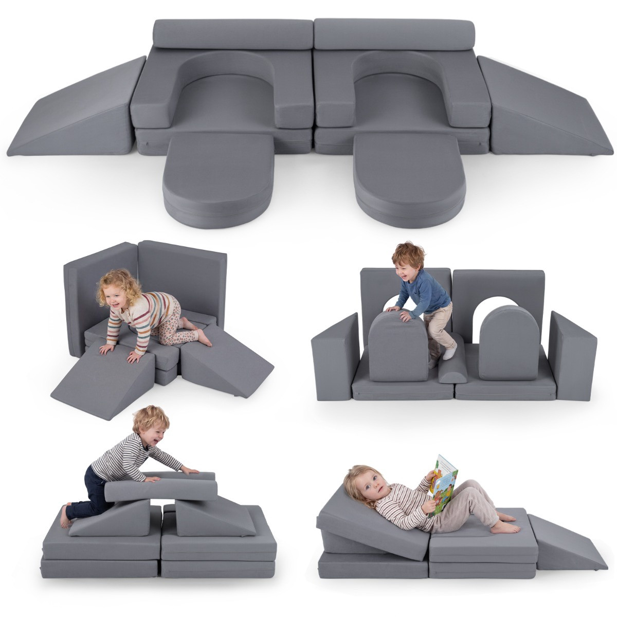Conjunto de sofá infantil modular de espuma com 10 peças, cinza.