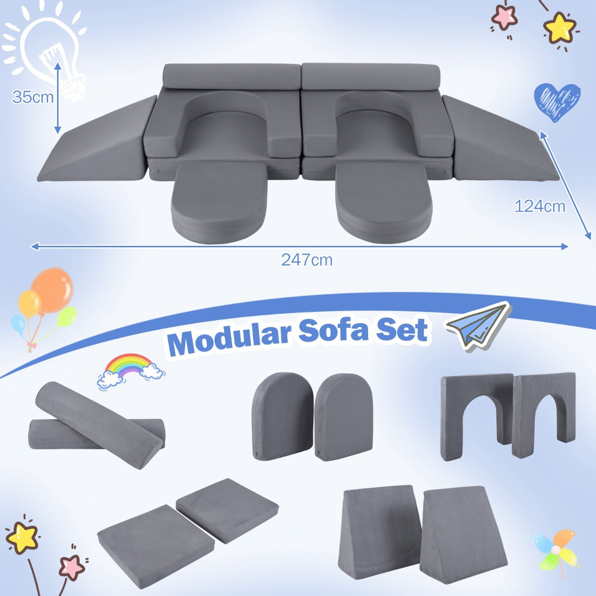 Conjunto de sofá infantil modular de espuma com 10 peças, cinza.