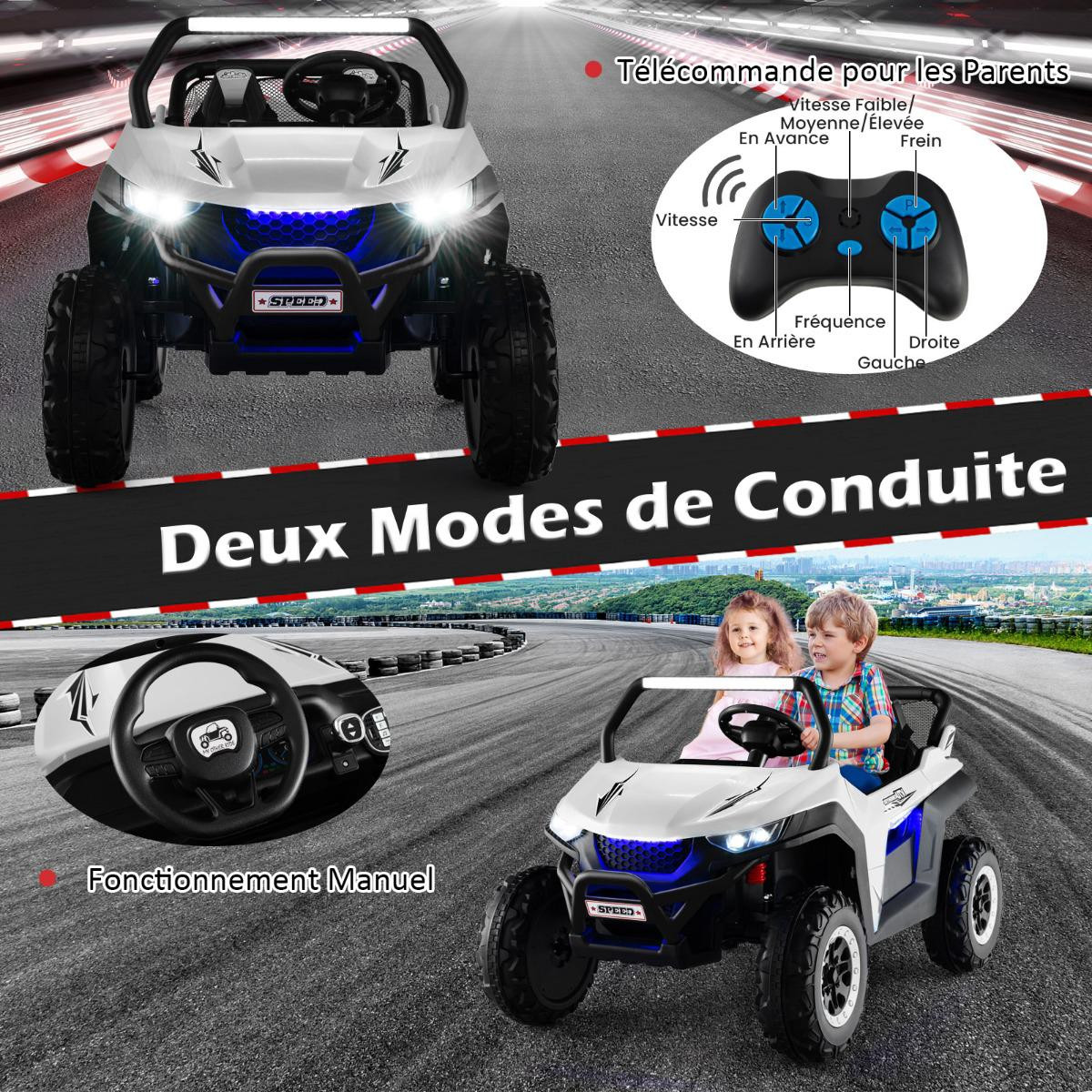UTV per bambini da 12V, con telecomando, 2 posti, bianco