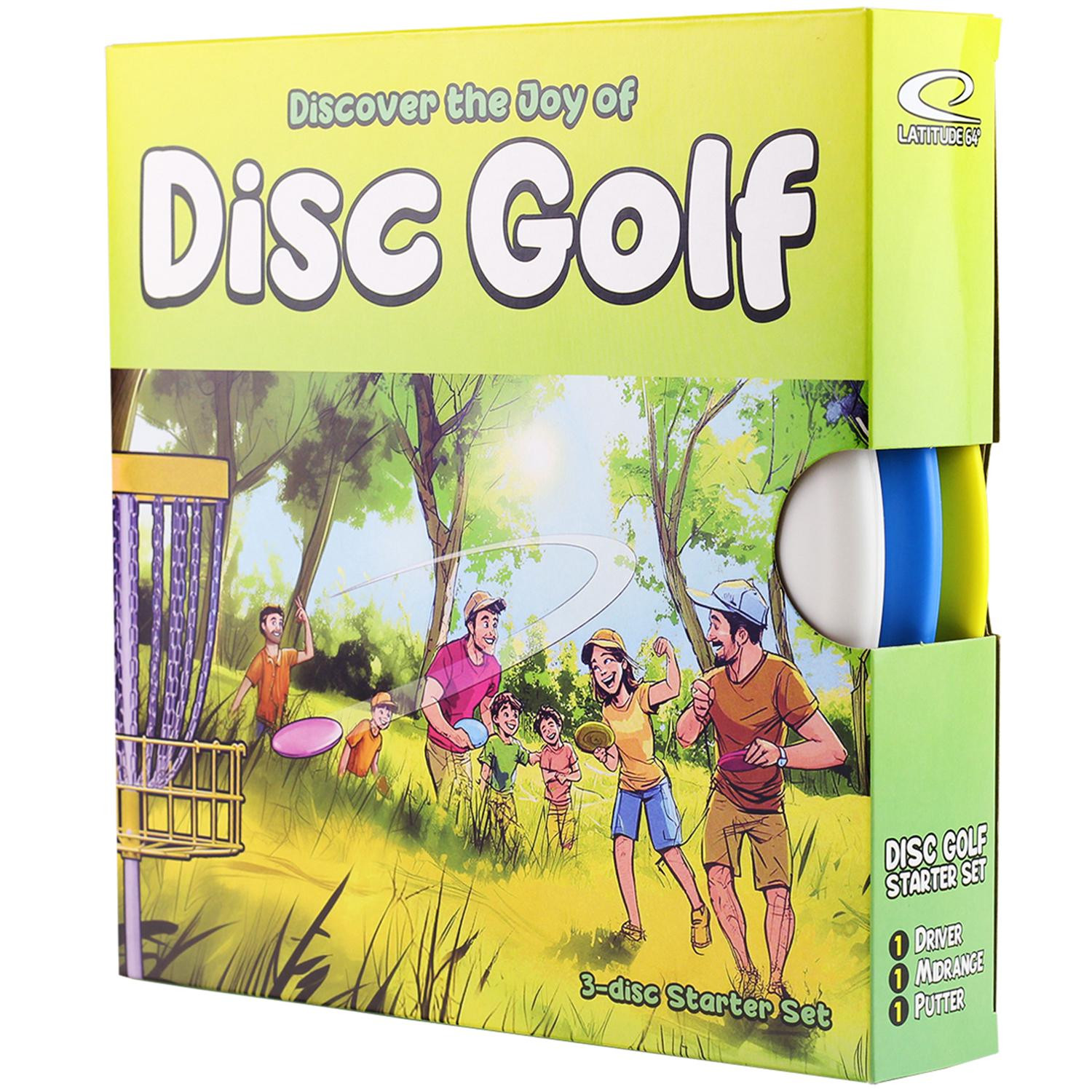 Conjunto inicial de Disc Golf, 3 discos: Driver, Midrange e Putter.
