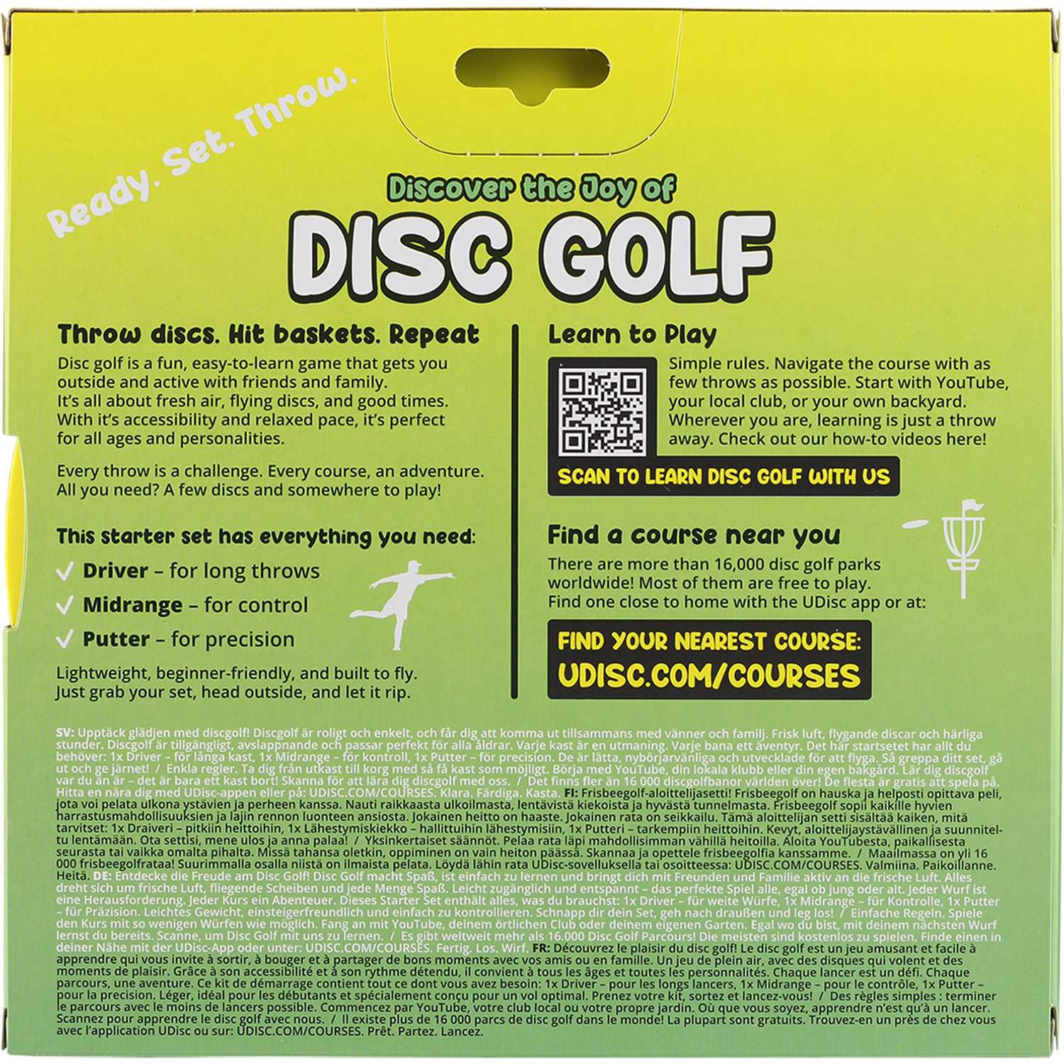 Conjunto inicial de Disc Golf, 3 discos: Driver, Midrange e Putter.