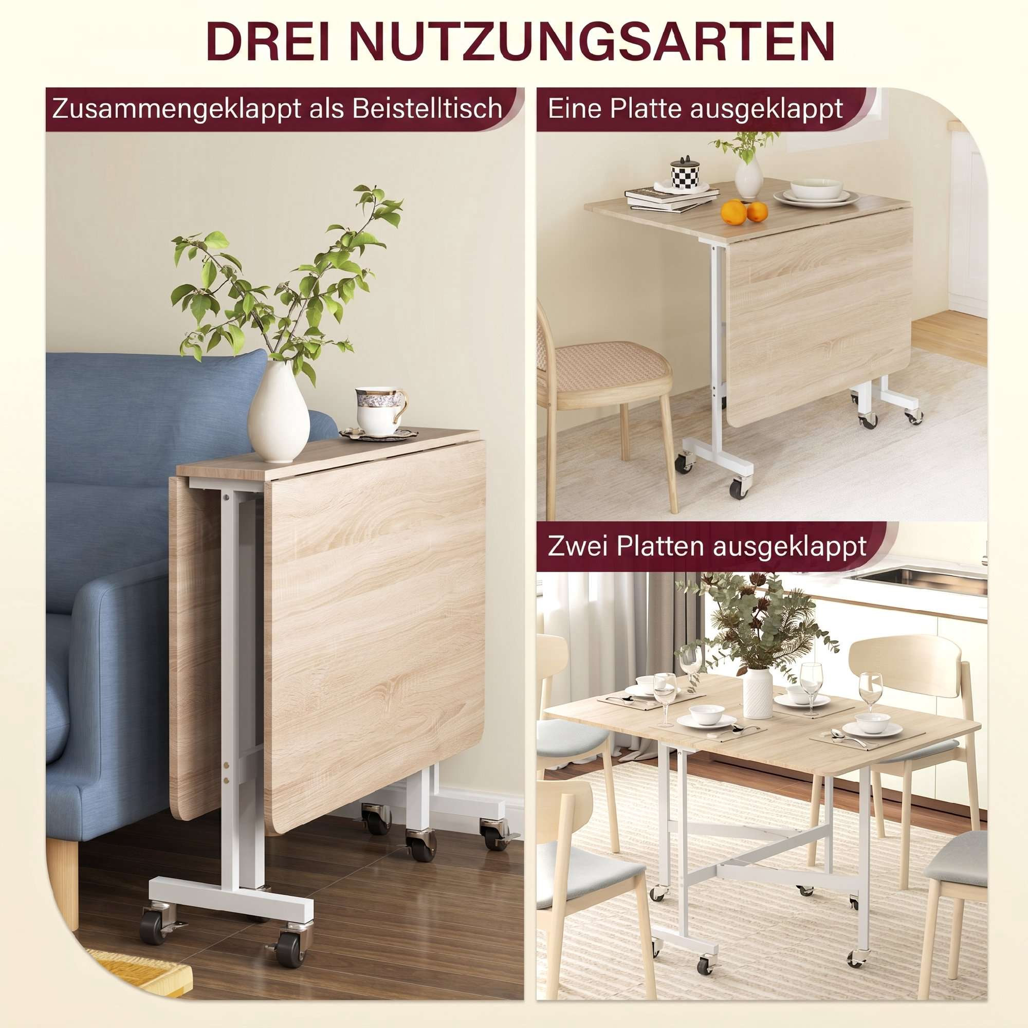 Folding Dining Table for 6, Oak, 6 Locking Casters