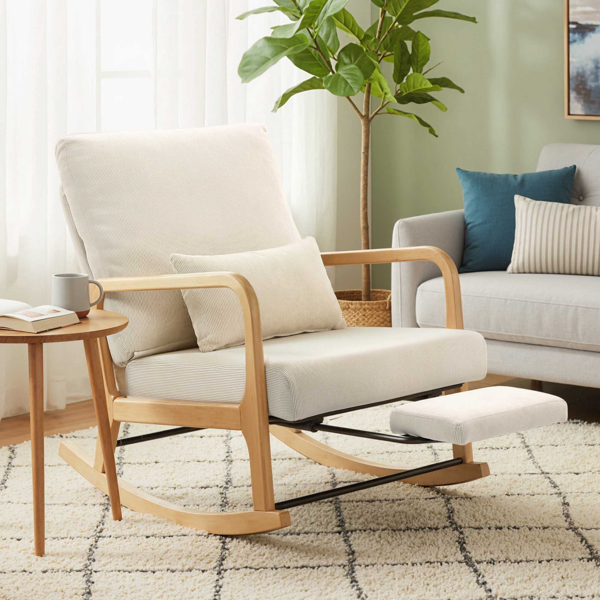 Mecedora ajustable con reposapiés, pana beige.