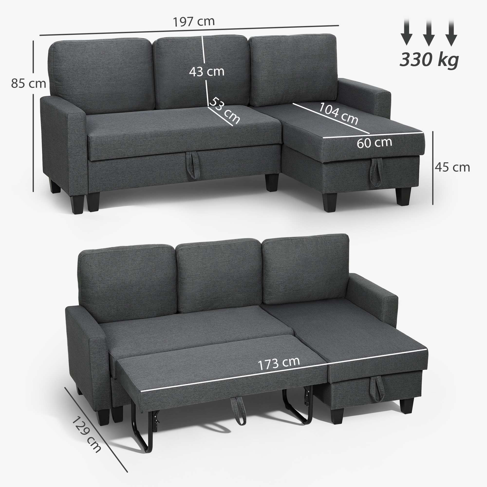 L-Shaped Sofa Bed With Storage, Reversible Chaise, Gray
