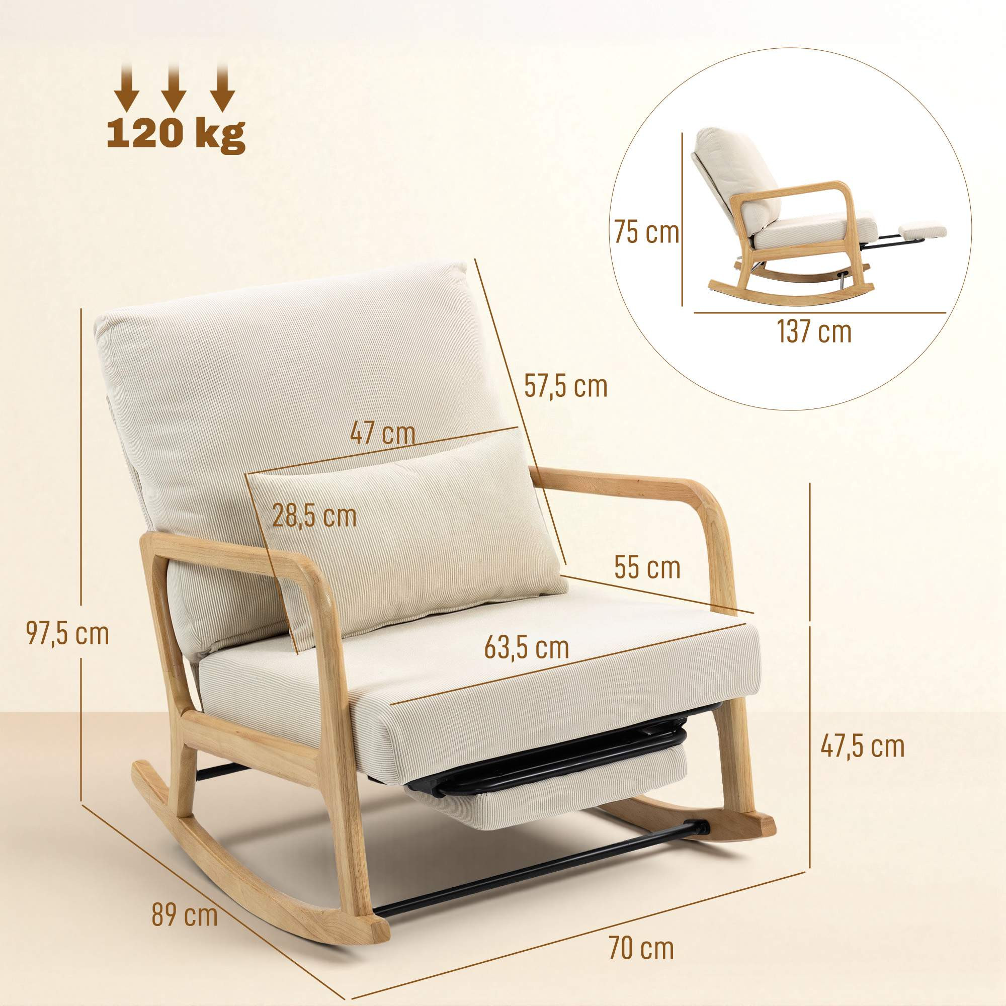 Mecedora ajustable con reposapiés, pana beige.
